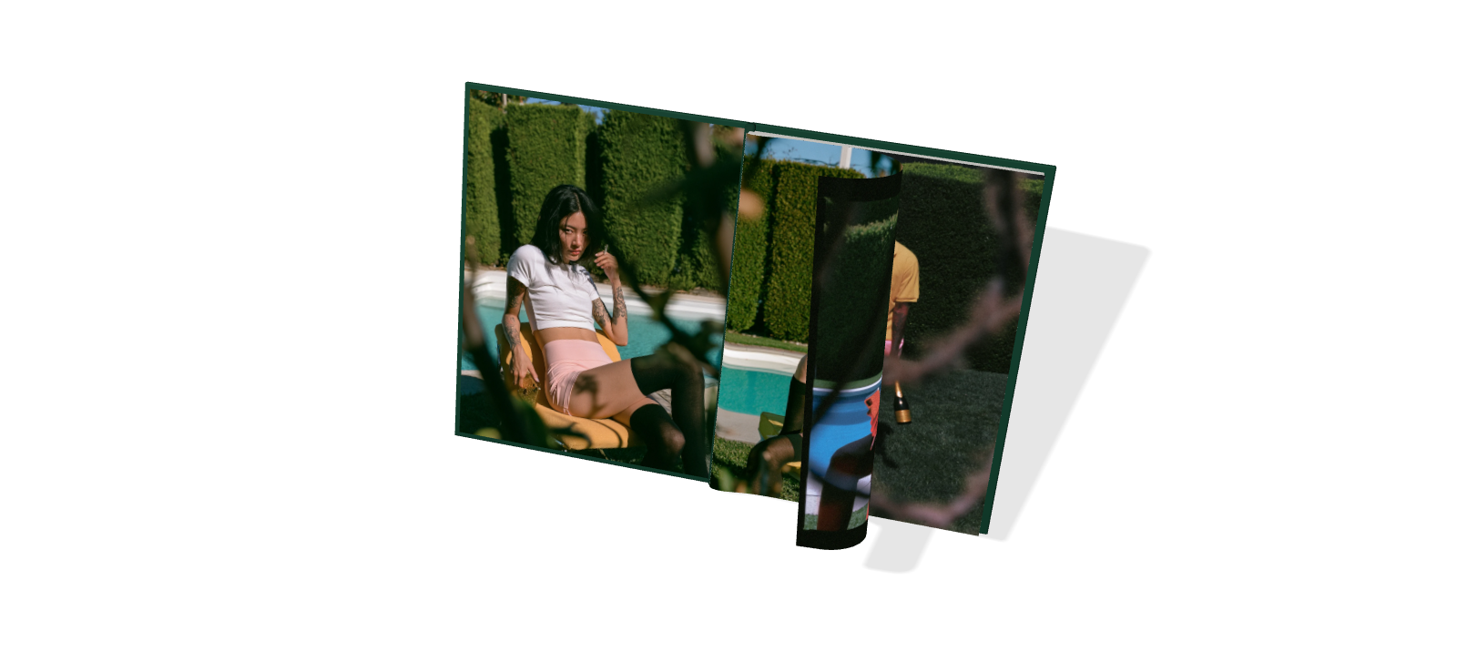An open Leaf book with a photograph curling across a turning page