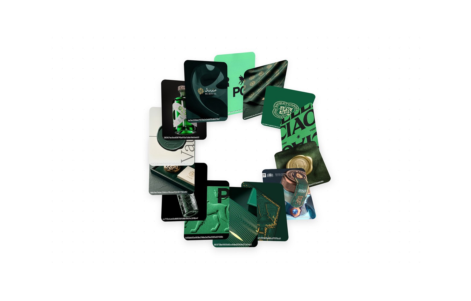 A circular composition of green image cards created with Orbit Field