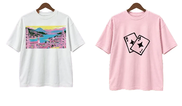Two original open-source example concepts: white alpine-print T-shirt and pastel-pink cards T-shirt
